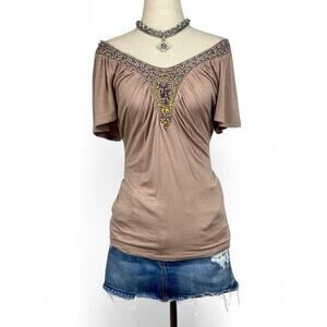 Vintage Y2K Women’s Top Size S Beaded Glam Boho Fairy Wide V Neck